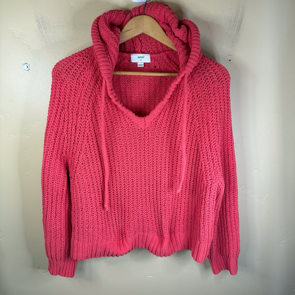 Aerie Womens Hooded Open Knit Long Sleeve Sweater Size‎ Small Pink Color Classic